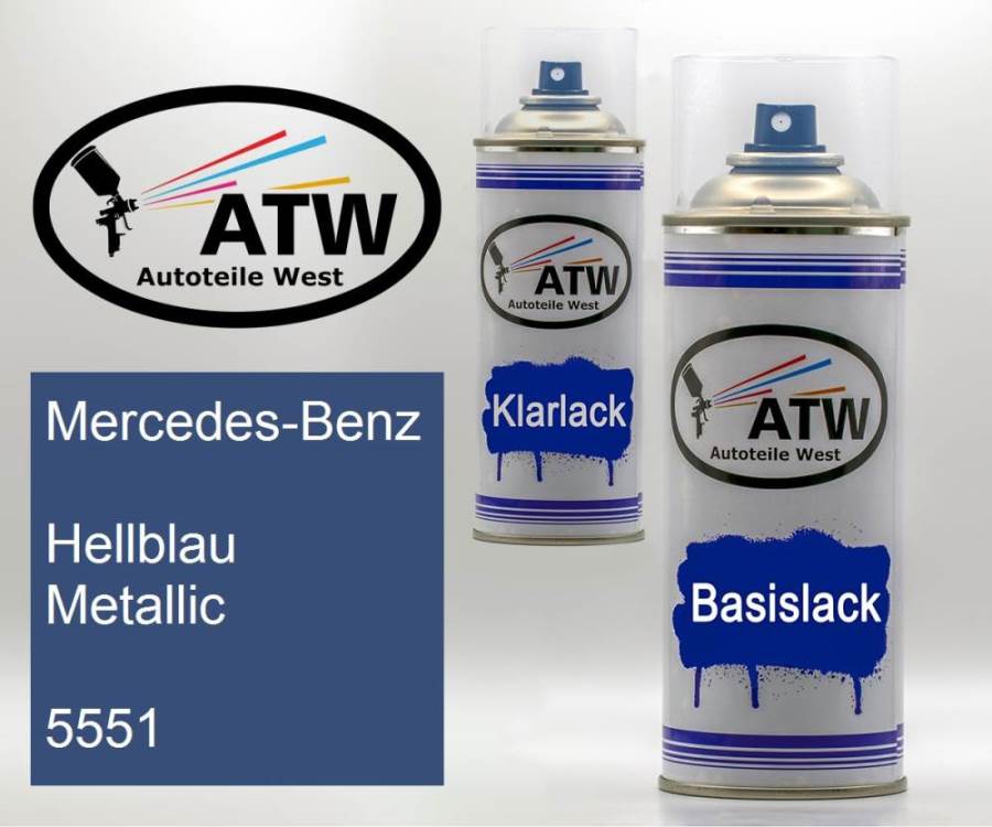 Mercedes-Benz, Hellblau Metallic, 5551: 400ml Sprühdose + 400ml Klarlack - Set, von ATW Autoteile West.